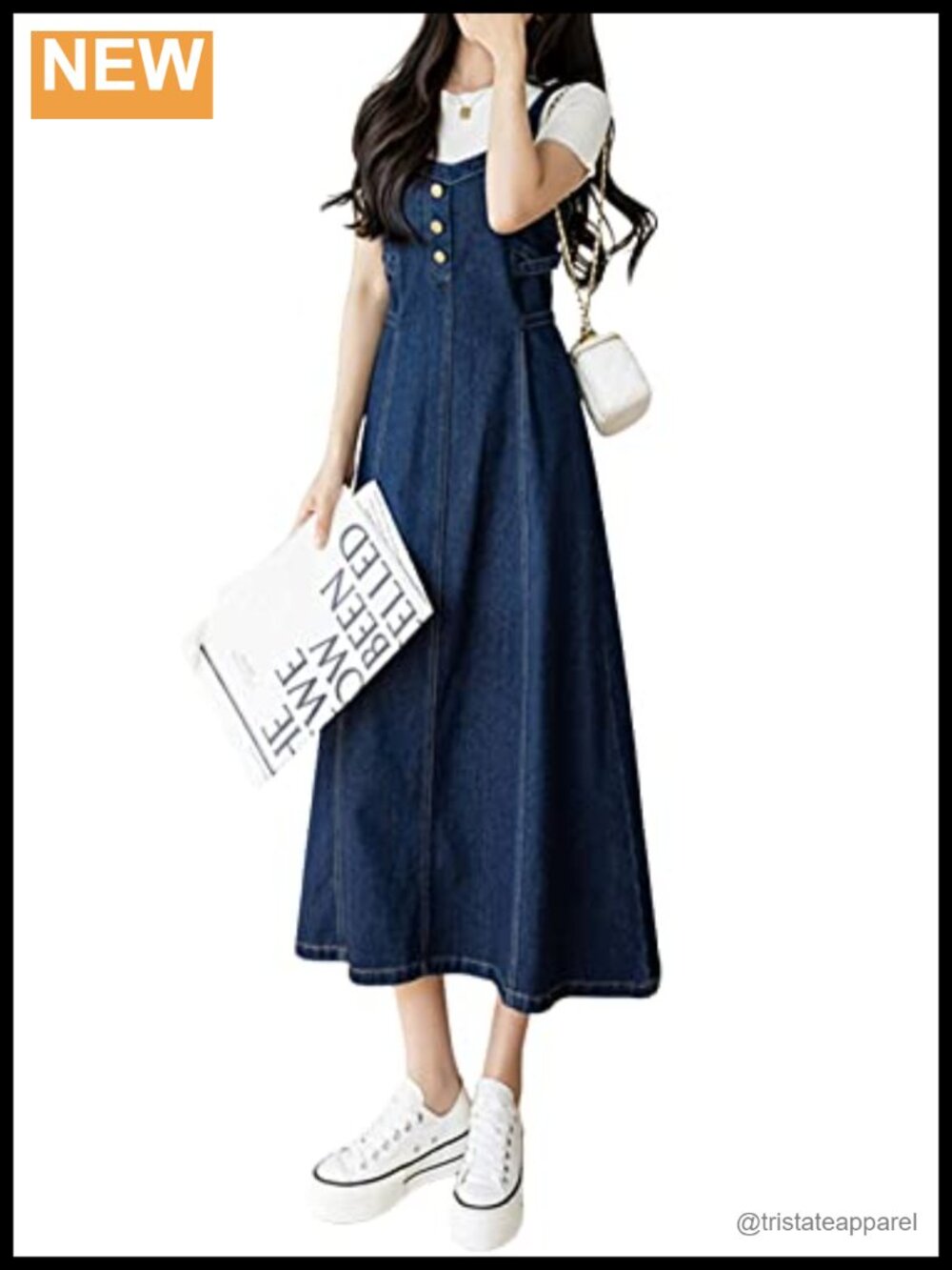 Sleeveless Denim Midi Dress Strappy Back Smocked A-Line Casual